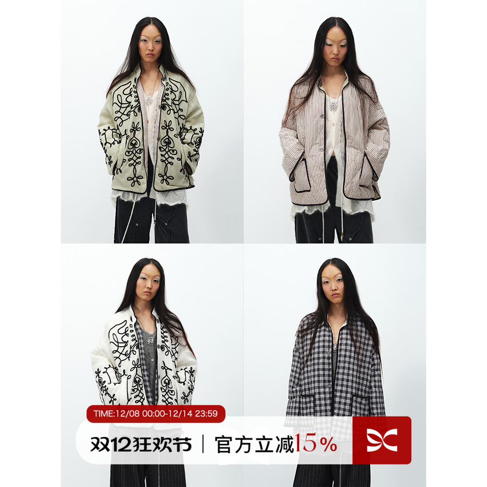 SQUARE CIRCLE 方圆新中式正反两穿绣花条纹廓形薄羽绒保暖外套