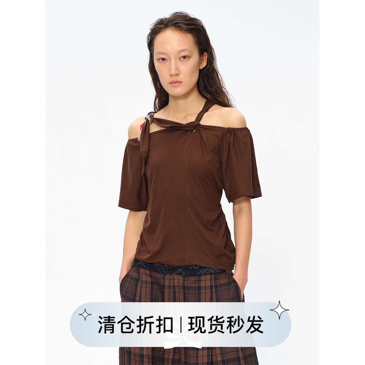 Square Circle 方圆艺术家联名印花绑带解构设计感露肩短袖T恤图片