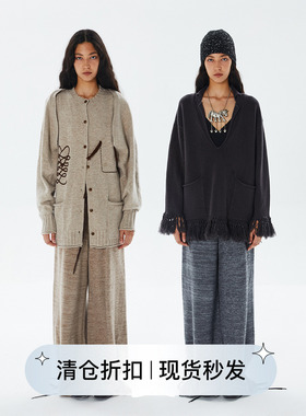 square cricle方圆 绵羊毛镂空绣花脚口穿绳松紧腰舒适针织长裤