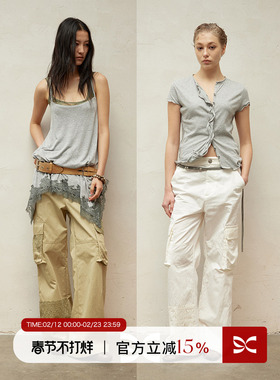 SQUARE CIRCLE 方圆原创设计度假感拼蕾丝微喇定制扣工装裤长裤