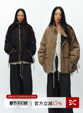 SQUARE CIRCLE 方圆设计感正反两穿复古工装格纹宽松时髦棉服外套
