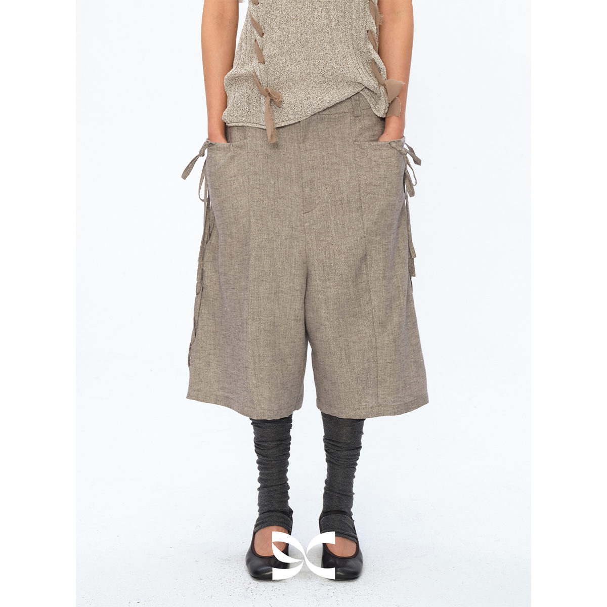 Square Circle 方圆亚麻设计感麻灰色手工编绳抽绳低档阔腿裤短裤
