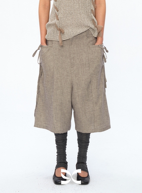 Square Circle 方圆亚麻设计感麻灰色手工编绳抽绳低档阔腿裤短裤