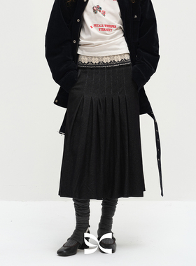 Square Circle 方圆原创小众设计针织拼接百褶黑色百搭长款卫裙