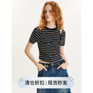 T恤女 黑白条纹设计剪裁扭结上衣肩部镂空短袖 square circle方圆