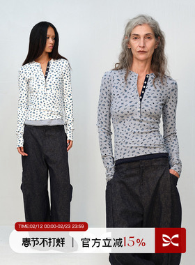 SQUARE CIRCLE 方圆原创设计复古碎花印花修身显瘦亨利长袖T恤