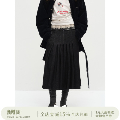 Square Circle 方圆原创小众设计针织拼接百褶黑色百搭长款卫裙