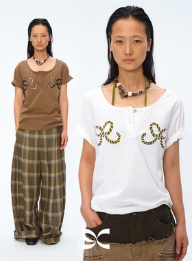 Square Circle 方圆设计感镂空蝴蝶结刺绣绣花领口毛边短袖T恤