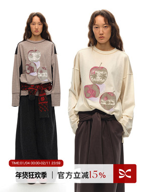 Square Circle方圆新年圣诞原创复古做旧苹果印花视觉显瘦长袖T恤