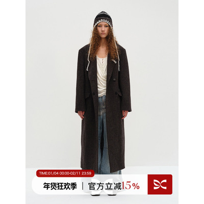 SQUARE CIRCLE 方圆羊毛立领绣花长款秋冬保暖毛呢大衣风衣外套