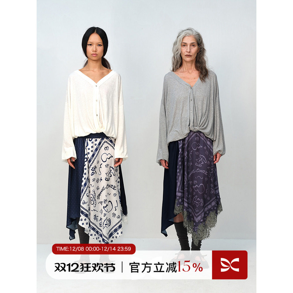 SQUARE CIRCLE 方圆醋酸原创碎花印花拼接蕾丝不规则下摆丝巾半裙