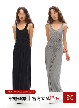 Square Circle 方圆不规则抽褶收腰显瘦U领吊带背心连衣裙长裙