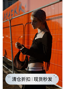 square circle方圆剪裁方领弹力抽褶打底显瘦长袖短款百搭针织衫