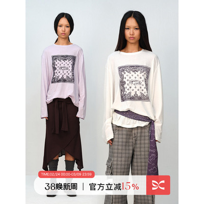SQUARE CIRCLE 方圆原创设计感图腾植绒印花宽松休闲长袖T恤