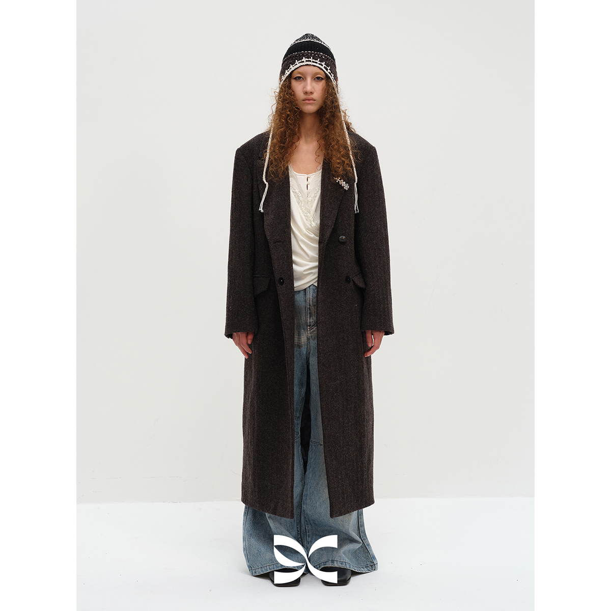 SQUARE CIRCLE 方圆羊毛立领绣花长款秋冬保暖毛呢大衣风衣外套