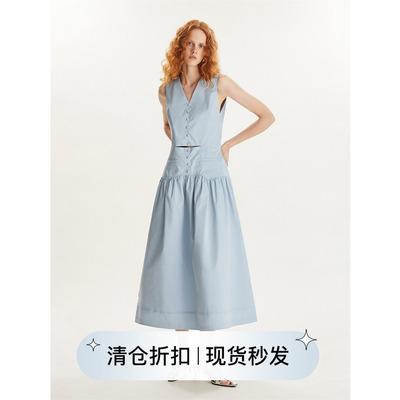 V领破腰剪裁褶皱连衣裙