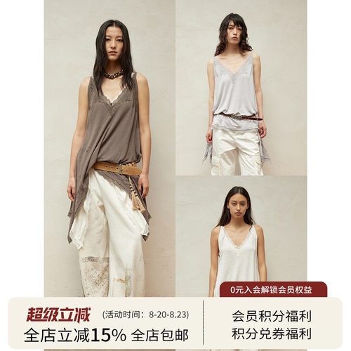 SQUARE CIRCLE 方圆V领蕾丝亚麻度假感叠穿中长款吊带背心上衣