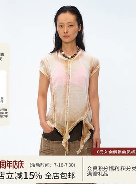 Square Circle 方圆设计感微透喷染蕾丝拼接荷叶边流苏短袖T恤
