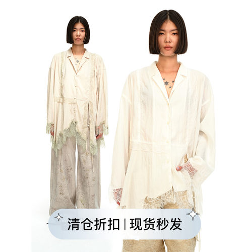 不规则蕾丝拼接砂洗天丝衬衫