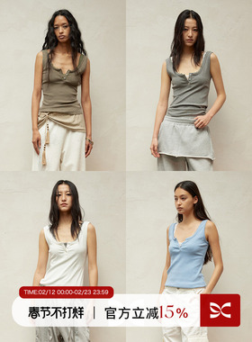 SQUARE CIRCLE 方圆春夏度假感蕾丝领拼接亨利领叠穿工装背心上衣