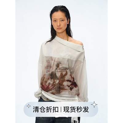 Square Circle 方圆【艺术家联名】丝巾印花铜氨丝斜肩长袖衬衫