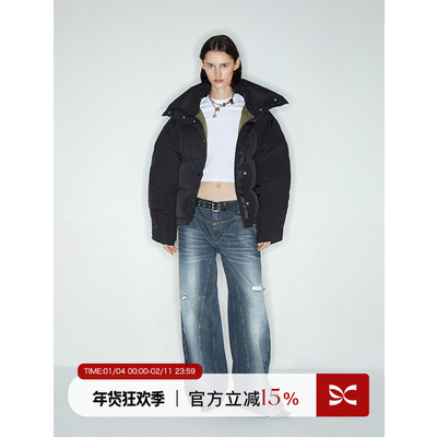 白鸭绒宽松短款加厚黑色羽绒服