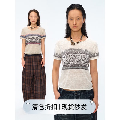 Square Circle 方圆波西米亚针织提花陶瓷串珠短款短袖上衣
