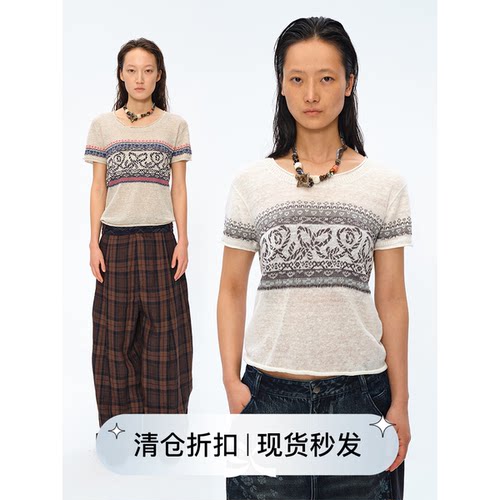 Square Circle 方圆波西米亚针织提花陶瓷串珠短款短袖上衣
