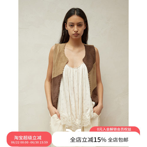 SQUARE CIRCLE 方圆重工穿绳复古撞色拼接麂皮V领百搭马甲背心