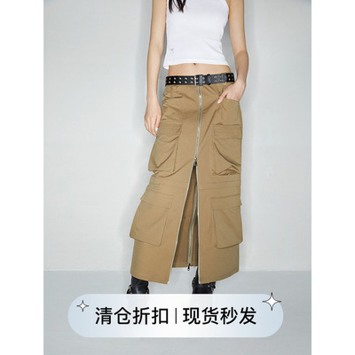 口袋装饰中低腰卡其色工装半裙