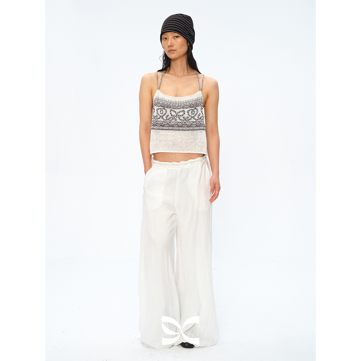 Square Circle 方圆苎麻天丝编织串珠抽绳低腰阔腿垂感气球裤长裤