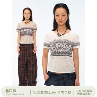 短袖 方圆波西米亚针织提花陶瓷串珠短款 上衣 Circle Square