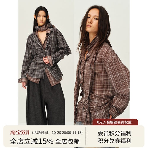 SQUARE CIRCLE方圆早秋复古格纹翻领围巾收腰设计感长袖衬衫上衣