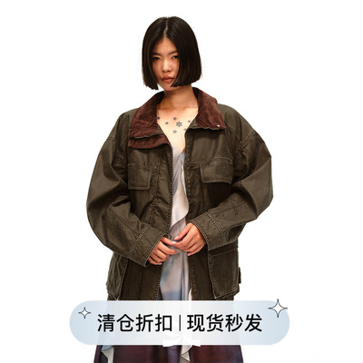 Square Circle方圆全棉宽松水洗复古做旧灯芯绒翻领猎装夹克外套