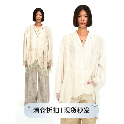 不规则蕾丝拼接砂洗天丝衬衫