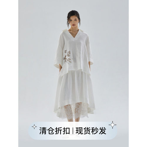 square circle方圆亚麻蕾丝镂空花设计宽松衬衣裙夏季两件套套装