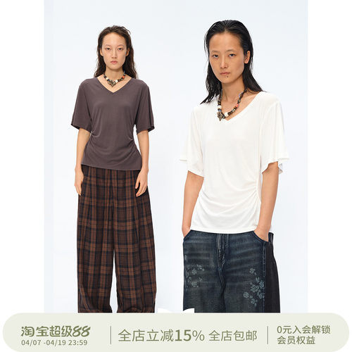 后背抽褶V领收腰显瘦短袖T恤