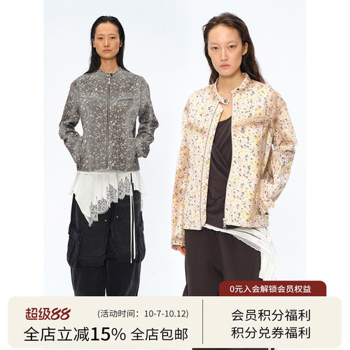 Square Circle方圆设计感马赛克印花美式拉链机车牛仔夹克外套