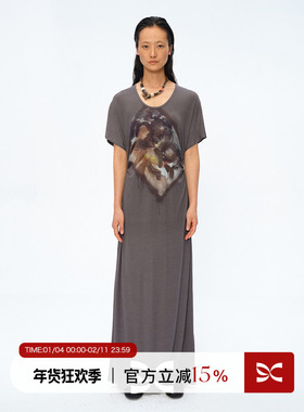 Square Circle方圆【艺术家联名】U领灰色印花收腰抽褶短袖连衣裙