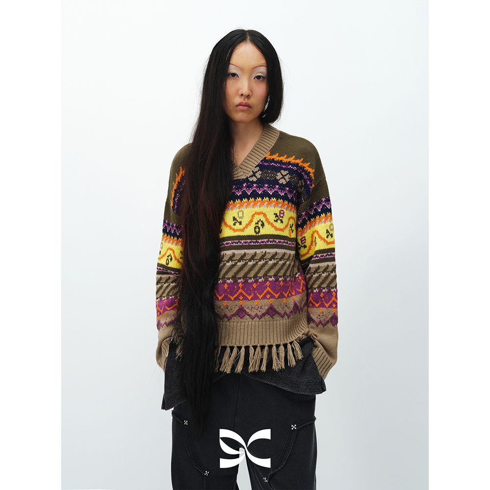 SQUARE CIRCLE 方圆羊毛V领费尔岛提花宽松休闲叠搭长袖毛衣