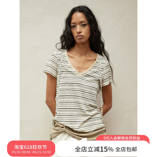 SQUARE CIRCLE 方圆V领蕾丝拼接撞色条纹串珠系带收腰休闲短袖T恤