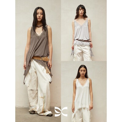 SQUARE CIRCLE 方圆V领蕾丝亚麻度假感叠穿中长款吊带背心上衣