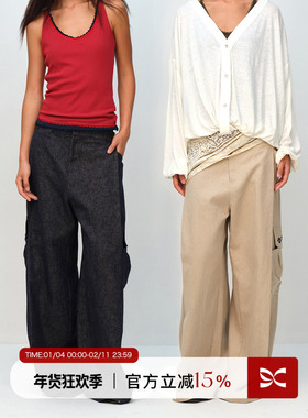 SQUARE CIRCLE 方圆设计感亚麻棉拼接腰头廓形工装西裤长裤