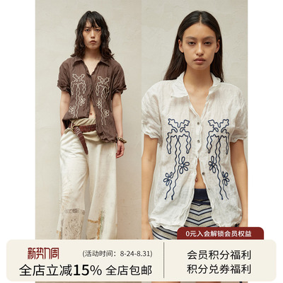 SQUARE CIRCLE 方圆复古刺绣绳绣泡泡袖宽松翻领春夏文艺短袖衬衫