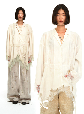 square circle方圆廓形不规则蕾丝设计感拼接砂洗天丝宽松衬衫