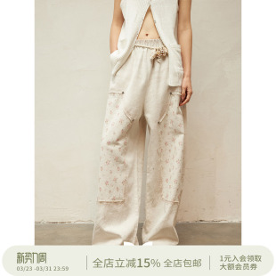 长裤 方圆印花碎花拼接毛边铆钉街头感松紧腰工装 CIRCLE SQUARE