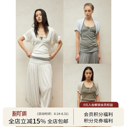 SQUARE CIRCLE 方圆春夏迷你堆堆袖叠穿卷边短袖坎肩休闲短款上衣