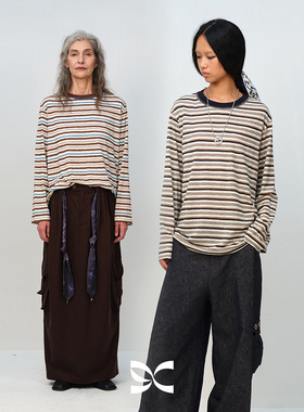 SQUARE CIRCLE 方圆撞色复古时髦条纹领口手工绣棉感长袖T恤