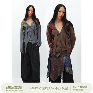 方圆羊毛复古格纹菱格V领穿绳飘带慵懒感毛衣开衫 CIRCLE SQUARE