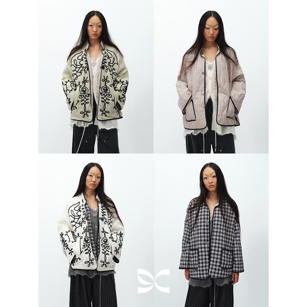 SQUARE CIRCLE 方圆新中式正反两穿绣花条纹廓形薄羽绒保暖外套